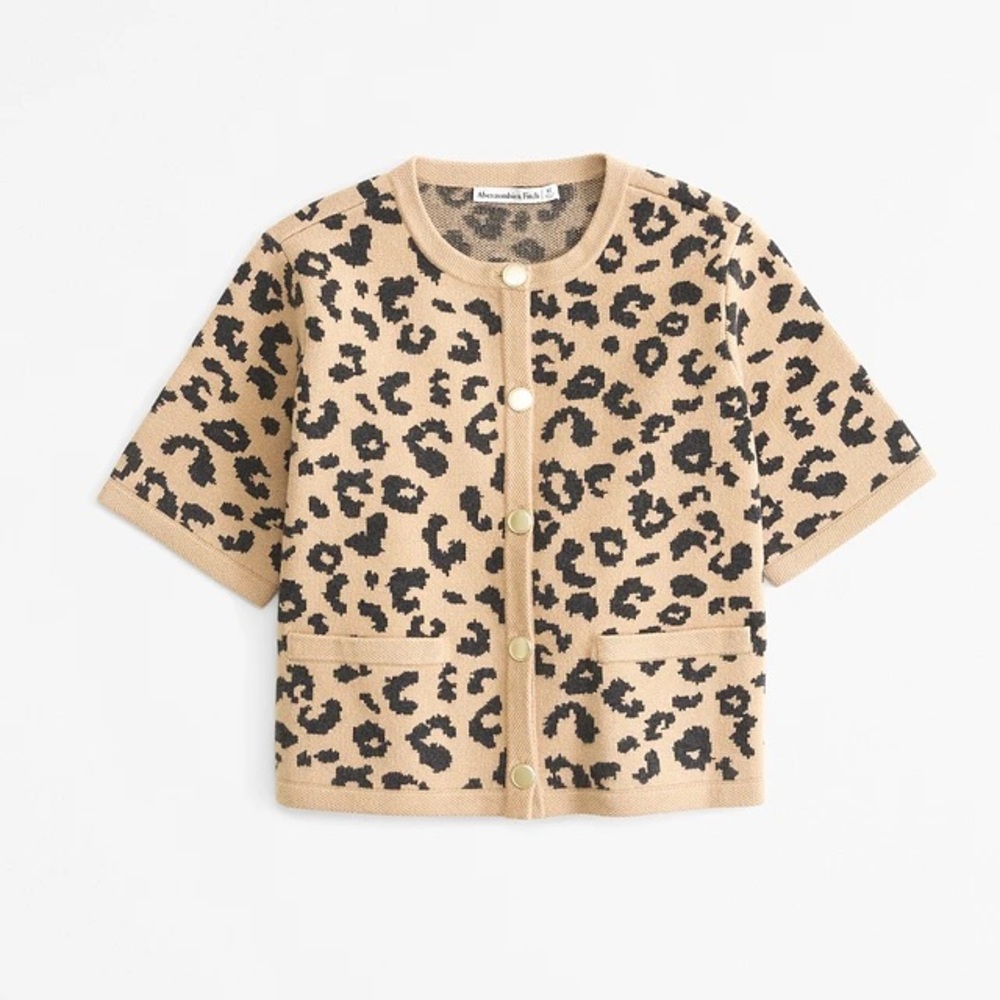 Abercrombie & Fitch Tan and Black Leopard Print Short-Sleeve Cardigan